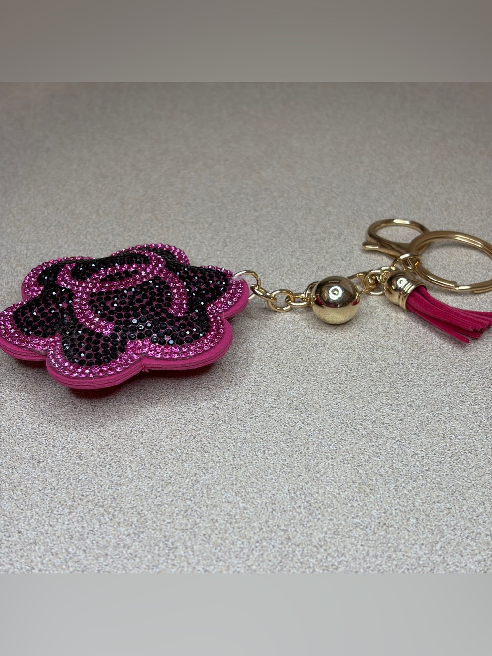 Pink Rhinestone Camellia Flower Keychain / Purse Charm - Picture 5 of 7
